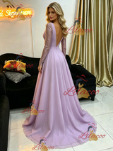 Purple Long Sleeve V-neck Prom Dress