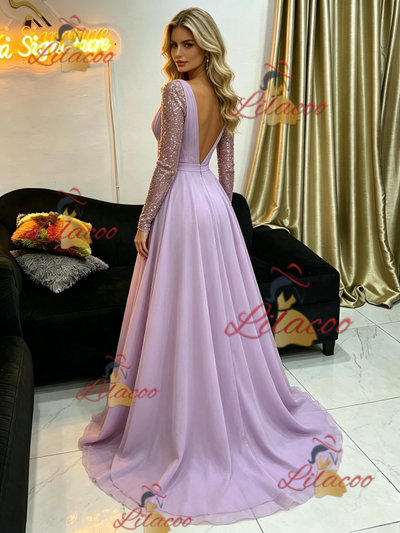 Purple Long Sleeve V-neck Prom Dress