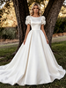White Satin Short Sleeve Flower Wedding Dress