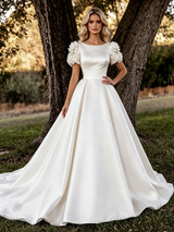 White Satin Short Sleeve Flower Wedding Dress