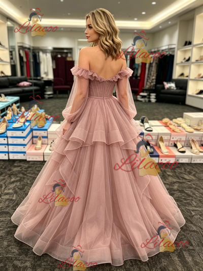 Pink Tulle Long Sleeve Pleats Prom Dress