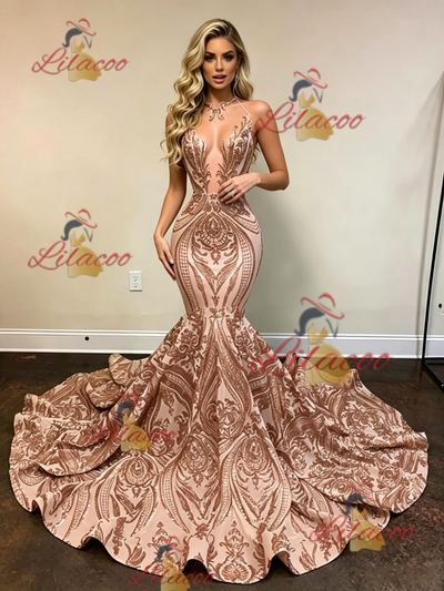Gold Mermaid Sequins Spaghetti Straps Prom Dress