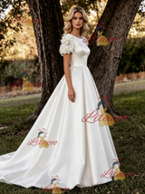 White Satin Short Sleeve Flower Wedding Dress