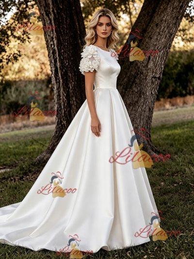 White Satin Short Sleeve Flower Wedding Dress