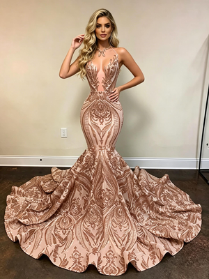 Gold Mermaid Sequins Spaghetti Straps Prom Dress