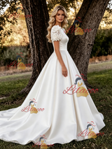 White Satin Short Sleeve Flower Wedding Dress