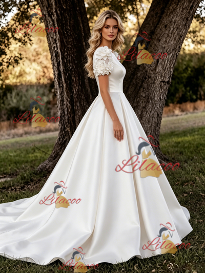 White Satin Short Sleeve Flower Wedding Dress