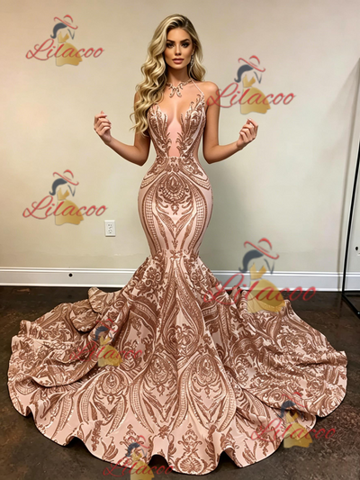 Gold Mermaid Sequins Spaghetti Straps Prom Dress