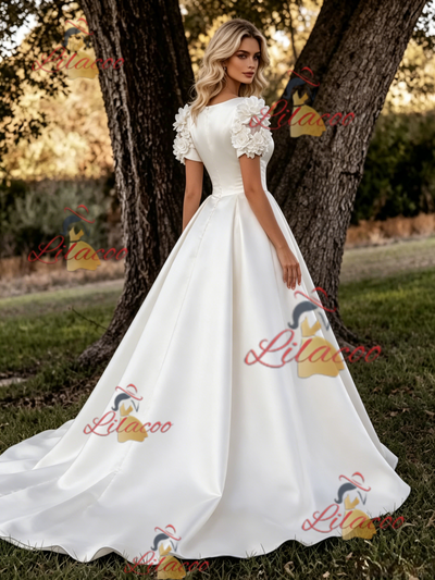 White Satin Short Sleeve Flower Wedding Dress