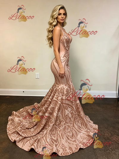 Gold Mermaid Sequins Spaghetti Straps Prom Dress