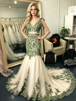 Mermaid Tulle Appliques V-neck Prom Dress