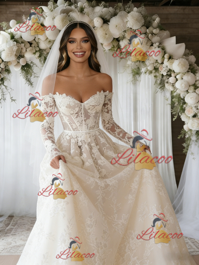Beige White Tulle Lace Long Sleeve Wedding Dress