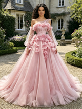 Pink Tulle LOng Sleeve 3D Flower Quinceanera Dress