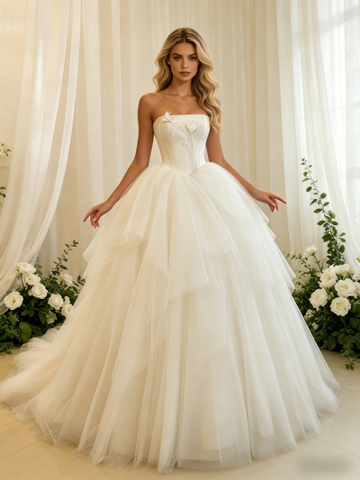 Beige White Tulle Strapless Wedding Dress