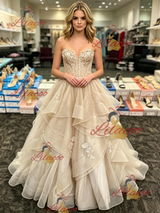 Champagne Tulle Strapless Lace Prom Dress