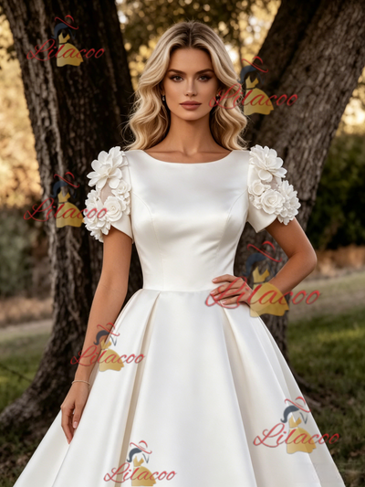 White Satin Short Sleeve Flower Wedding Dress