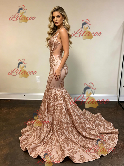 Gold Mermaid Sequins Spaghetti Straps Prom Dress