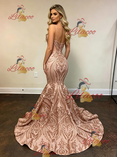 Gold Mermaid Sequins Spaghetti Straps Prom Dress