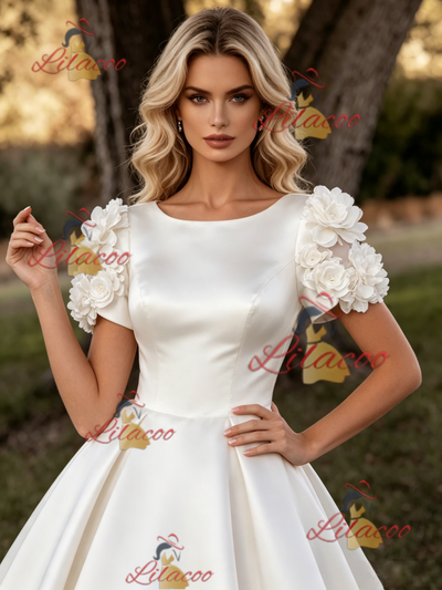 White Satin Short Sleeve Flower Wedding Dress