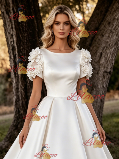 White Satin Short Sleeve Flower Wedding Dress