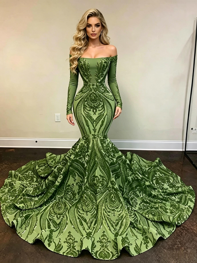 Green Sequins Long Sleeve Prom Dress