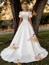 White Satin Short Sleeve Flower Wedding Dress