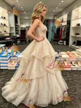 Champagne Tulle Strapless Lace Prom Dress