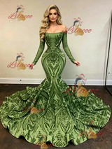 Green Sequins Long Sleeve Prom Dress