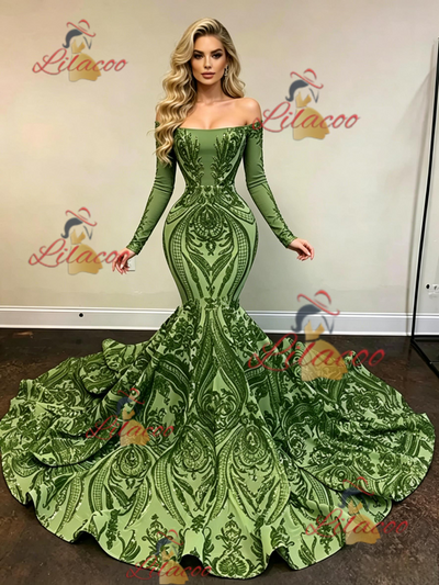 Green Sequins Long Sleeve Prom Dress