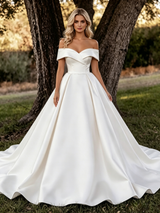 White Satin Off the Shoulder Wedding Dress