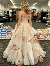 Champagne Tulle Strapless Lace Prom Dress