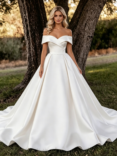 White Satin Off the Shoulder Wedding Dress