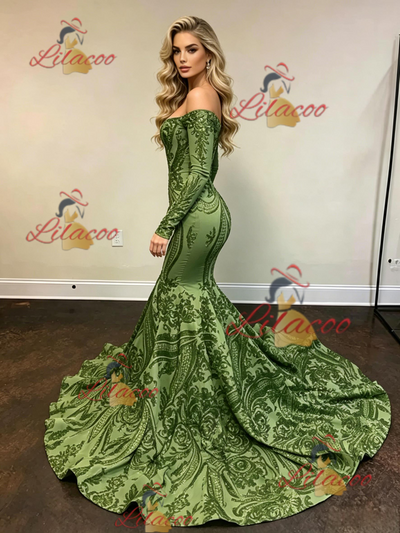 Green Sequins Long Sleeve Prom Dress