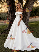White Satin Off the Shoulder Wedding Dress
