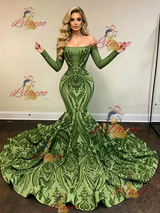 Green Sequins Long Sleeve Prom Dress