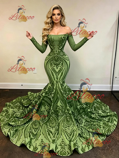 Green Sequins Long Sleeve Prom Dress