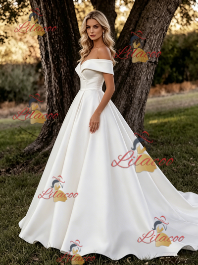 White Satin Off the Shoulder Wedding Dress