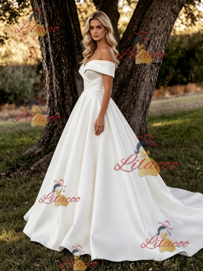 White Satin Off the Shoulder Wedding Dress