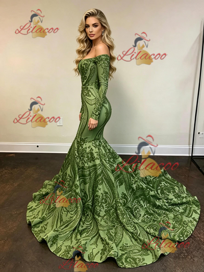 Green Sequins Long Sleeve Prom Dress