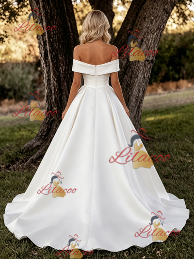 White Satin Off the Shoulder Wedding Dress