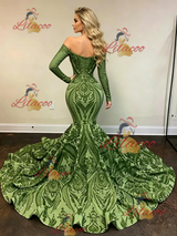 Green Sequins Long Sleeve Prom Dress