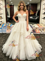 Beige Tulle Strapless Appliques Prom Dress