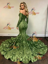 Green Sequins Long Sleeve Prom Dress