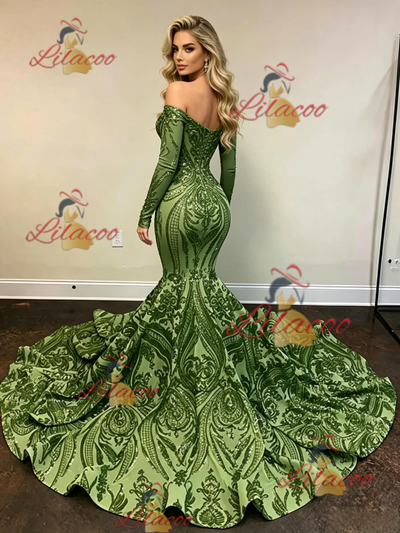 Green Sequins Long Sleeve Prom Dress