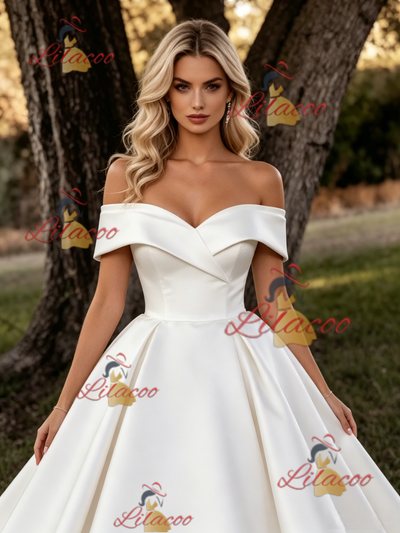White Satin Off the Shoulder Wedding Dress