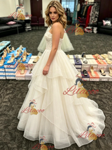 Beige Tulle Strapless Appliques Prom Dress