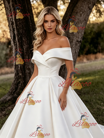White Satin Off the Shoulder Wedding Dress