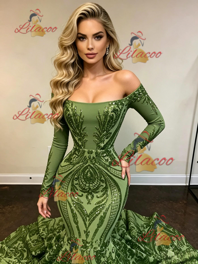 Green Sequins Long Sleeve Prom Dress