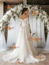 Beige White Tulle Lace Long Sleeve Wedding Dress