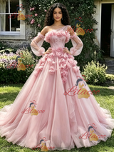 Pink Tulle LOng Sleeve 3D Flower Quinceanera Dress